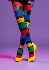 Legs of young woman in colorful tights and yellow modern beautiful high heels on purple background