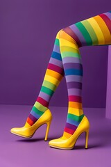 Legs of young woman in colorful tights and yellow modern beautiful high heels on purple background