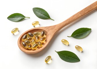 Wooden spoon with vitamin E capsules on white background