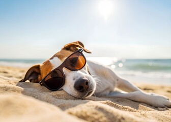 A dog lies comfortably on the sandy beach, wearing stylish sunglasses. The bright sun shines down, and the ocean waves gently ripple in the background, creating a perfect day.