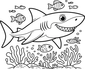 Smiling cartoon shark underwater with fish and coral, black and white line art illustration for kids ocean coloring book