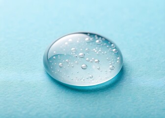 Clear gel drop with tiny air bubbles on a soft blue surface