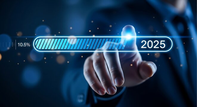 Finger points to futuristic progress bar indicating the year 2025