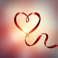 Red ribbon heart shape, soft aesthetic, love and compassion
