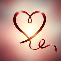 Red ribbon heart shape, soft aesthetic, love and compassion