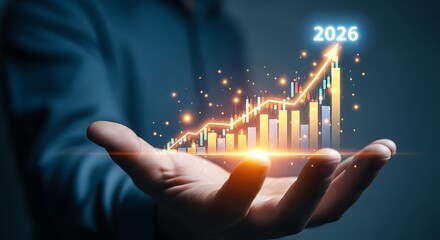 Hand holding glowing financial growth chart with year 2026