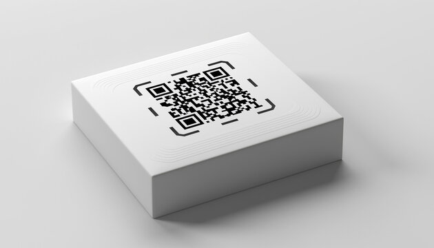 Minimalist 3D mockup of a white square packaging box featuring a large central QR code for smart technology and product access. - Powered by Adobe