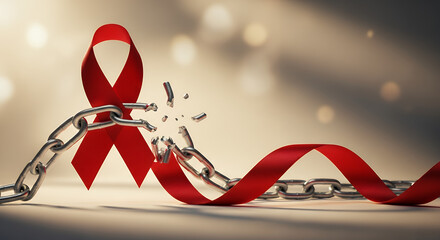 Red ribbon with broken chain, symbolic freedom from stigma