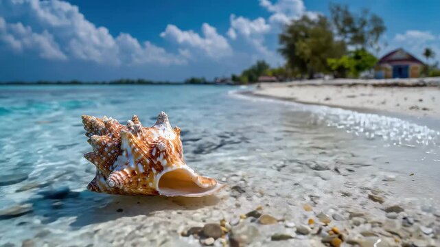 Bright tropical beach scene featuring a conch shell on clear water during a sunny day with clouds in the background