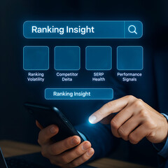 Hand using smartphone to access Ranking Insight digital interface