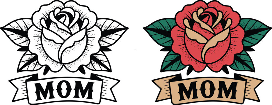Traditional rose tattoo design for mom, classic red flower with banner, vintage tattoo art in color and black and white