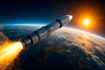 Big rocket is flying from above earth