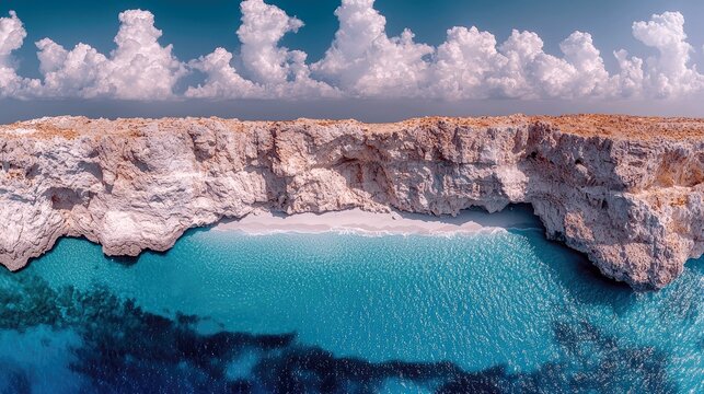 An aerial panorama showcases a pristine white sand beach, framed by rugged white cliffs and vibrant turquoise waters, under a sky dotted with fluffy clouds.
