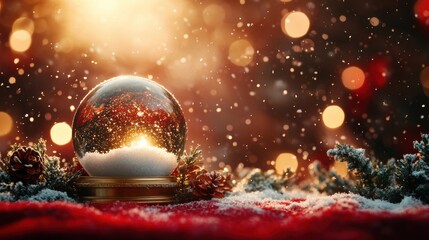 Fototapeta premium Christmas tree in Glass snow globe on red background, Christmas decorative design with white snowdrift,snowflakes,glow garland,3d decorative garland glow.Xmas Decorations,Vector illustration.
