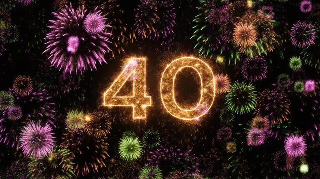 Number 40 surrounded by fireworks. Festive video for birthday or anniversary party