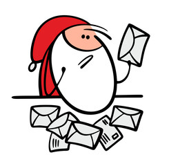 Cartoon tired and sad Santa Claus is sorting Christmas mail from children. Vector illustration of many envelopes and letters, gift delivery service.