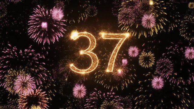 Number 37 surrounded by fireworks. Festive video for birthday or anniversary party