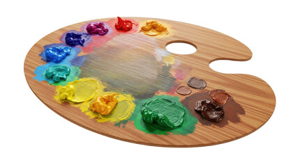Wooden artist's palette with various vibrant oil paint colors, ready for creative expression.