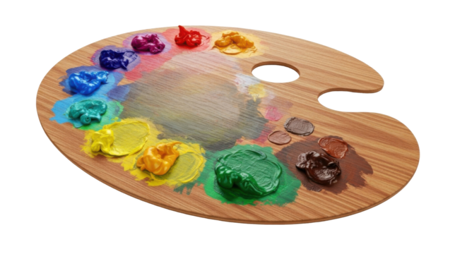 Wooden artist's palette with various vibrant oil paint colors, ready for creative expression.