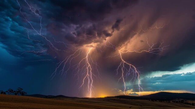 Powerful lightning storm striking beneath dramatic thundercloud sky, electric bolts across dark atmosphere, extreme weather energy, cinematic storm landscape with intense illumination