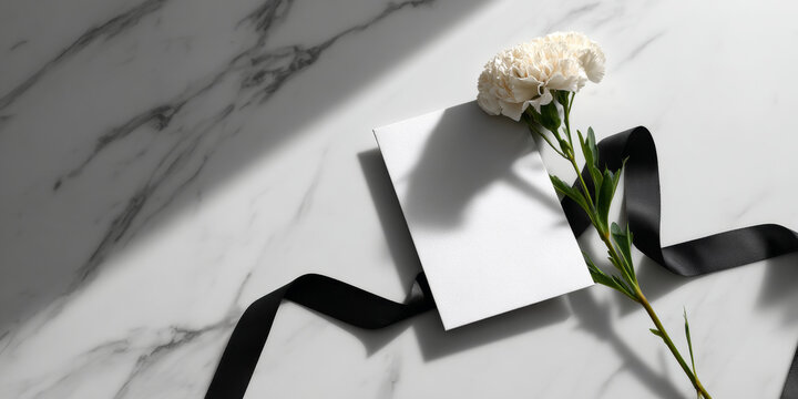 White memorial card with carnation and black ribbon on marble surface in soft natural light
