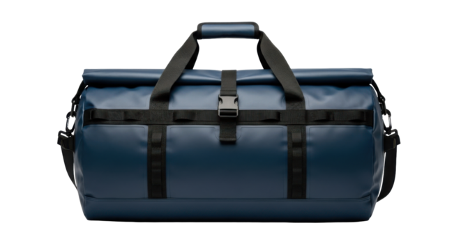 A blue waterproof duffel bag with black straps, a buckle, and a top handle, suitable for travel.