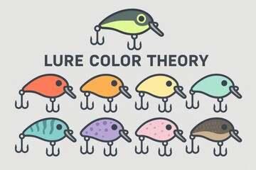 Engaging Visual Representation of Lure Color Theory Featuring Iconic Fishing Lures in Various Color Palettes and Patterns to Enhance Catching Success and Angler Strategies