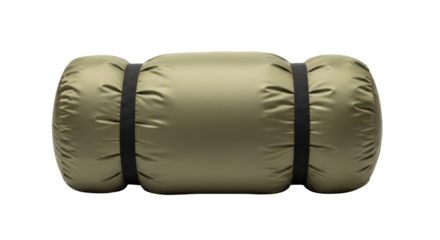 Rolled-up olive-green sleeping bag with black straps, ready for camping or travel.