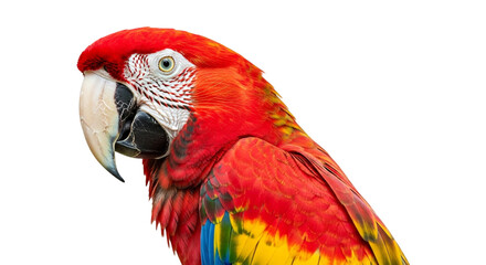 Scarlet macaw parrot portrait tropical bird exotic pet colorful feathers wildlife avian species close up view isolated on transparent background