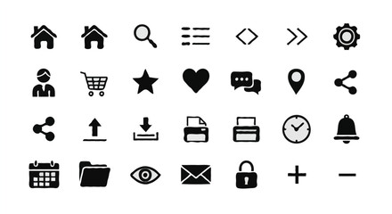 User Interface Icon Grid – 30 Black Symbols in Square Tiles on Light Gray Background