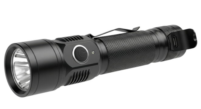 Black flashlight with a textured grip, a power button, and a pocket clip, angled on a white background.
