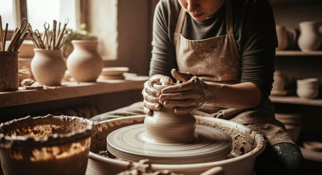 Potter shaping clay on a spinning wheel in a rustic workshop