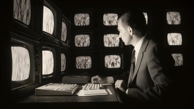 Man watches multiple screens closely in a vintage television studio setting during the mid-20th century, focusing on broadcasts and news