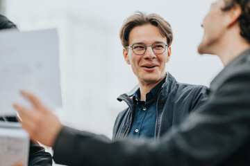 Two young business associates talk and share a document outside, smiling and engaged in conversation, suggesting teamwork, ideas, and collaboration in a casual outdoor setting.