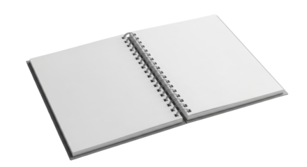 An open spiral-bound notebook with blank white pages, ready for writing or sketching.