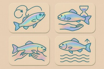 Naklejka premium Creative infographic illustrating the life cycle of fish showcasing spawning, nurturing, and swimming patterns complemented by vibrant colors and simplified icons