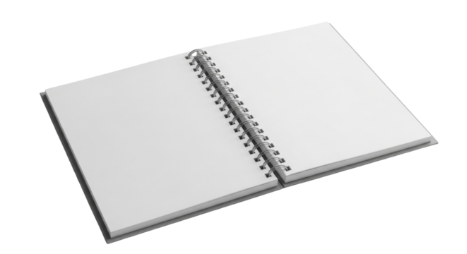 An open spiral-bound notebook with blank white pages, ready for writing or sketching.