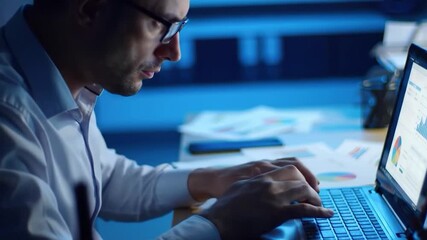 Focused businessman analyzing data on laptop in office at night - Powered by Adobe