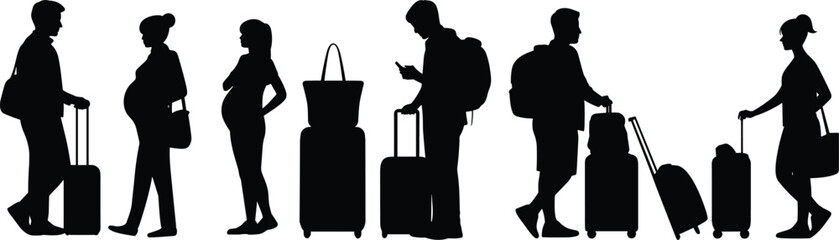 Travelers silhouettes with luggage and backpacks, airport people vector illustration showing men and women carrying suitcases and bags