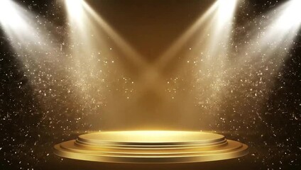 Golden podium stage with sparkling particles and dramatic spotlights for awards ceremonies