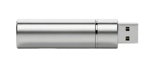 A close-up shot of a silver USB flash drive on a white background, showing its details.