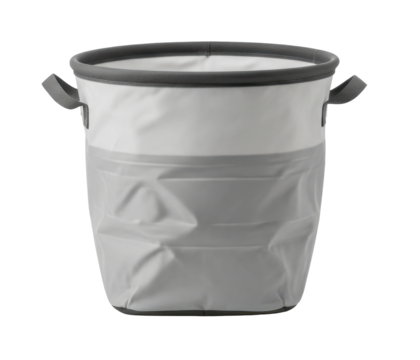 Collapsible bucket with gray and white color scheme, featuring handles for easy carrying.
