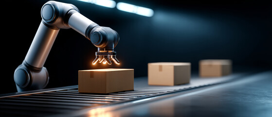 Automated robotic arm picking cardboard boxes on conveyor belt in modern industrial warehouse environment