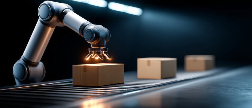 Automated robotic arm picking cardboard boxes on conveyor belt in modern industrial warehouse environment