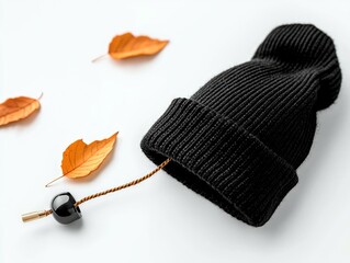 A black knitted beanie lies on a white surface, adorned with a decorative string and bead, surrounded by scattered autumn leaves.