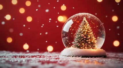 Christmas tree in Glass snow globe on red background, Christmas decorative design with white snowdrift,snowflakes,glow garland,3d decorative garland glow.Xmas Decorations,Vector illustration.
