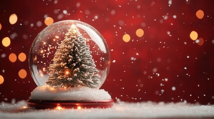 Christmas tree in Glass snow globe on red background, Christmas decorative design with white snowdrift,snowflakes,glow garland,3d decorative garland glow.Xmas Decorations,Vector illustration.