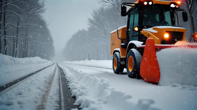 Snow plow clears snow from a snowy road.