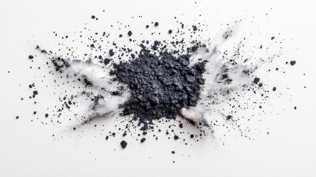 A dark grey powder explodes outwards from a central pile against a stark white background, creating a dynamic, scattered effect. - Powered by Adobe