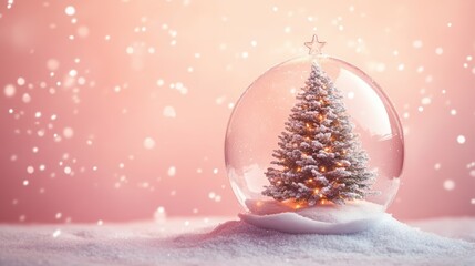 Christmas tree in Glass snow globe on red background, Christmas decorative design with white snowdrift,snowflakes,glow garland,3d decorative garland glow.Xmas Decorations,Vector illustration.